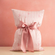 Load image into Gallery viewer, Holiday Satin Pillowcase in Striped Bows