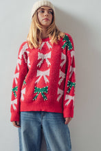 Load image into Gallery viewer, Holiday Bow Knit Sweater – Pearl Embellished, Relaxed Fit