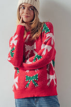 Load image into Gallery viewer, Holiday Bow Knit Sweater – Pearl Embellished, Relaxed Fit
