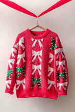Load image into Gallery viewer, Holiday Bow Knit Sweater – Pearl Embellished, Relaxed Fit
