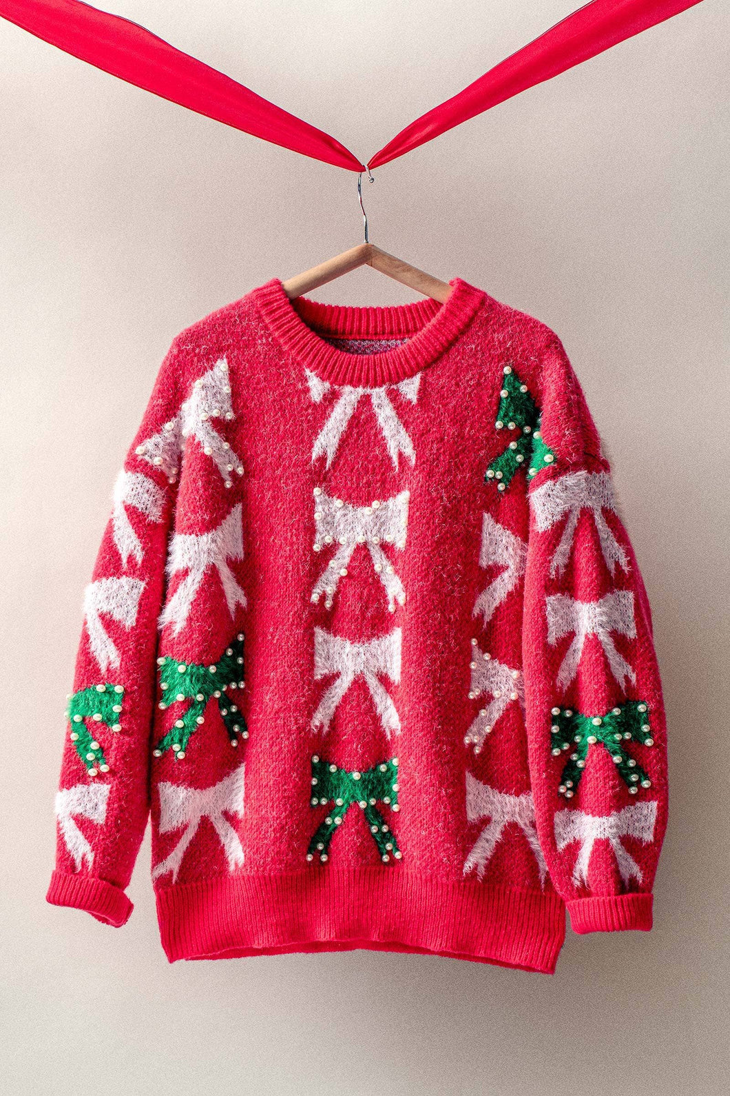 Holiday Bow Knit Sweater – Pearl Embellished, Relaxed Fit