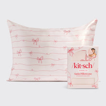 Load image into Gallery viewer, Holiday Satin Pillowcase in Striped Bows
