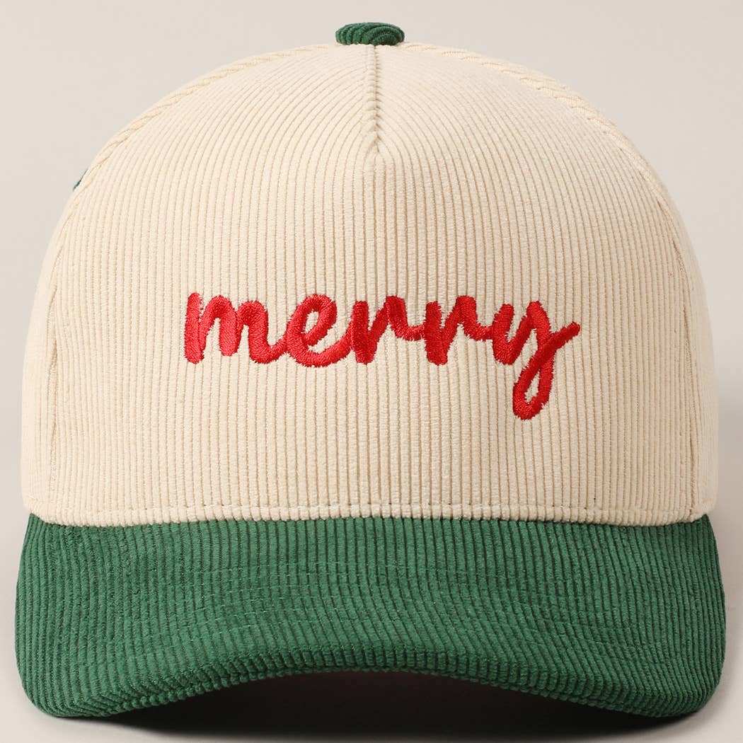 Merry Text Embroidery Two-Tone Corduroy Cap