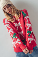 Load image into Gallery viewer, Holiday Bow Knit Sweater – Pearl Embellished, Relaxed Fit

