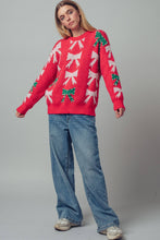 Load image into Gallery viewer, Holiday Bow Knit Sweater – Pearl Embellished, Relaxed Fit
