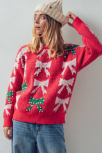 Load image into Gallery viewer, Holiday Bow Knit Sweater – Pearl Embellished, Relaxed Fit

